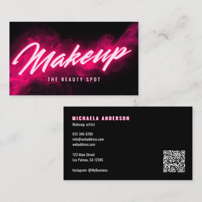 Pink Neon & Smoke Lash Tech QR-Code & Social-Media Visitenkarte (Vorne/Hinten)