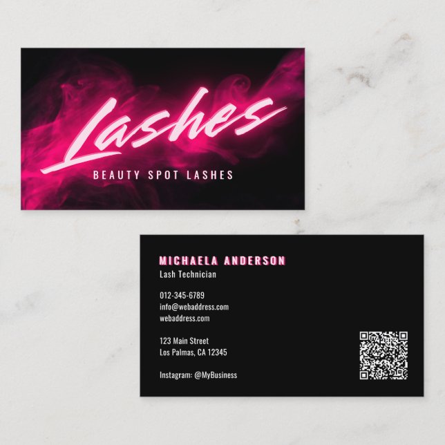 Pink Neon & Smoke Lash Tech QR-Code & Social-Media Visitenkarte (Vorne/Hinten)