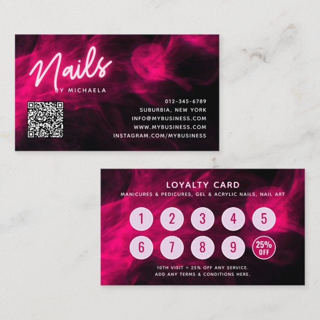 Pink Neon & Smoke Nagelstudio QR-Code Treuekarte Visitenkarte (Vorne/Hinten)