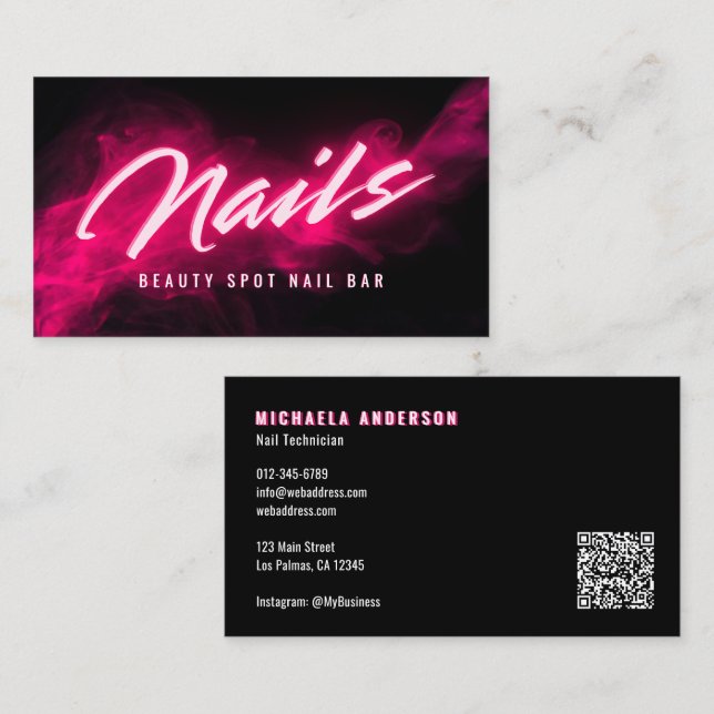 Pink Neon & Smoke Nail Salon QR Code & Socials Visitenkarte (Vorne/Hinten)