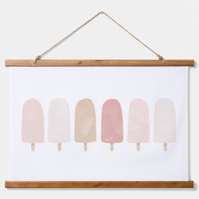 Pink Neutral Watercolor Popsicle Girls Room Wandteppich Mit Holzrahmen (Vorne)
