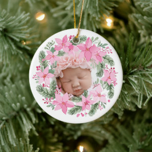 Pink New Baby Foto Christmas Girl Poinsettia Keramik Ornament