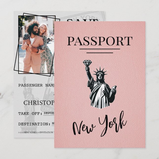 Pink New York City Passport Save the Date (Vorne/Hinten)