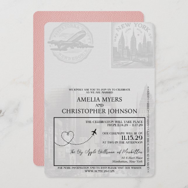 Pink New York City Passport Wedding Einladung (Vorne/Hinten)