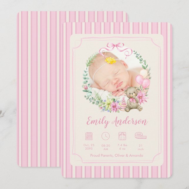 Pink Newborn Birth Photo Boy Baby Announcement Ankündigung (Vorne/Hinten)