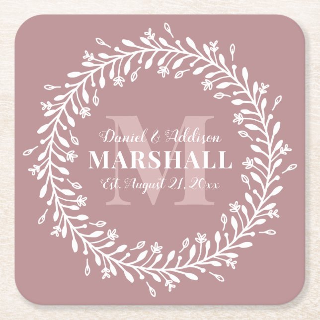 Pink Newlyly Couple Wreath Monogram Name Square Rechteckiger Pappuntersetzer (Vorderseite)