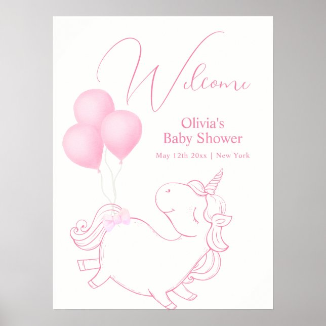 Pink Niedlich Balloon Unicorn Babydusche Willkomme Poster (Vorne)