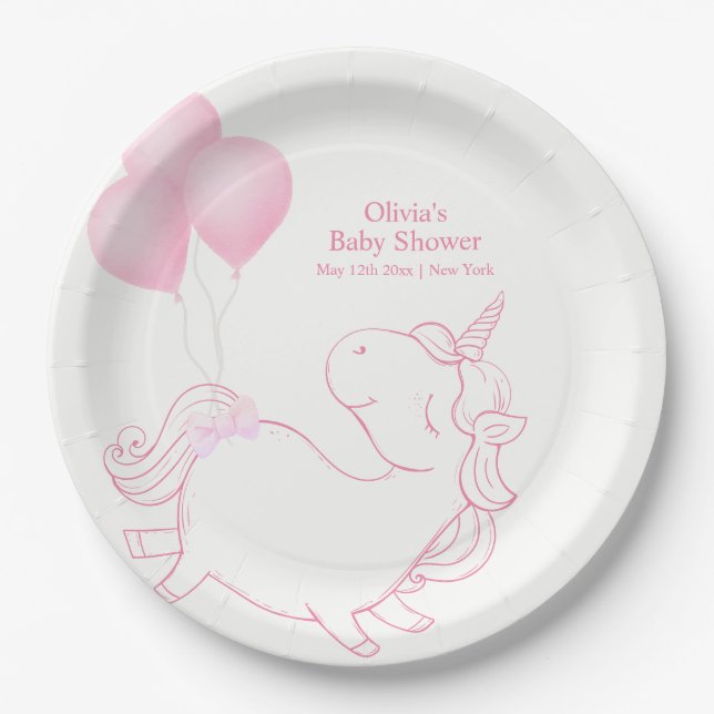 Pink Niedlich Balloon Unicorn Kinderdusche Pappteller (Vorderseite)