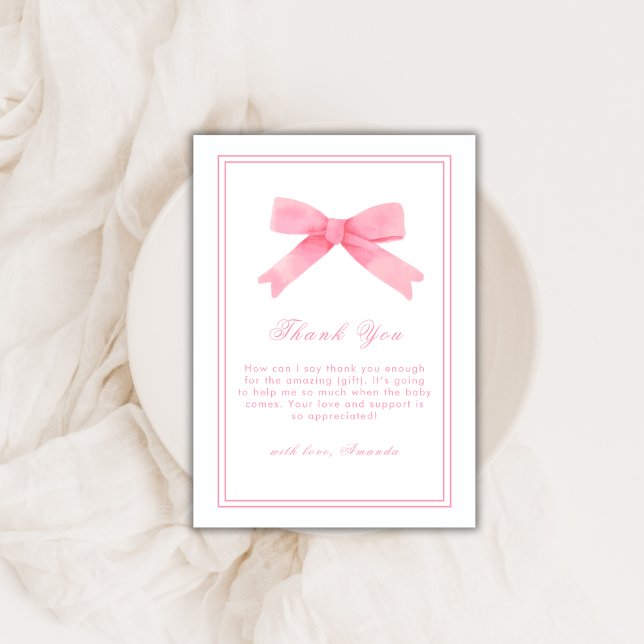 Pink Niedlich Bow Girl Babydusche Dankeskarte (Pink Cute Bow Girl Baby Shower Thank You Card)