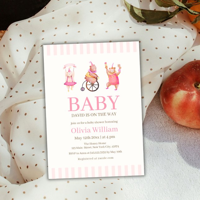 Pink Niedlich Circus Karneval Teddy Bear Babydusch Einladung (Pink Cute Circus Carnival Teddy Bear Baby Shower Invitation)