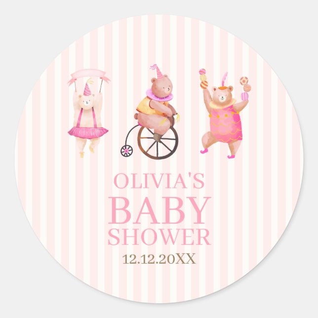 Pink Niedlich Circus Karneval Teddy Bear Babydusch Runder Aufkleber (Vorderseite)