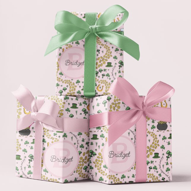 Pink, Niedlich & Curvy St. Patrick's Day Tissue Pa Geschenkpapier (whimsical pattern of gold shamrock coins , pots of gold under rainbows, horseshoes, green clovers...)