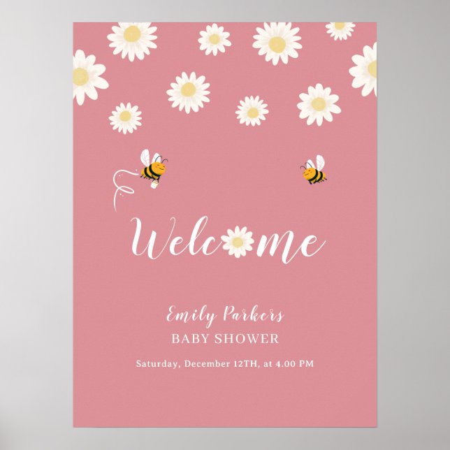 Pink Niedlich Daisy Bloom Baby Dusche Begrüßungsze Poster (Vorne)