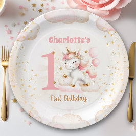 Pink Niedlich Happy Unicorn Girl 1. Geburtstag Pappteller