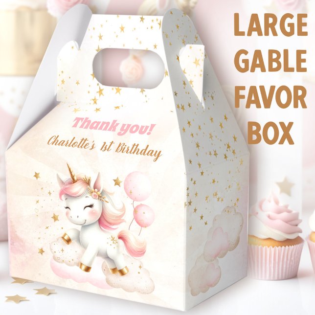 Pink Niedlich Happy Unicorn Girl Birthday Grosses Geschenkschachtel (Cute Unicorn Large Gable Favor Boxes - You can choose from 3 sizes of these gable favor boxes)