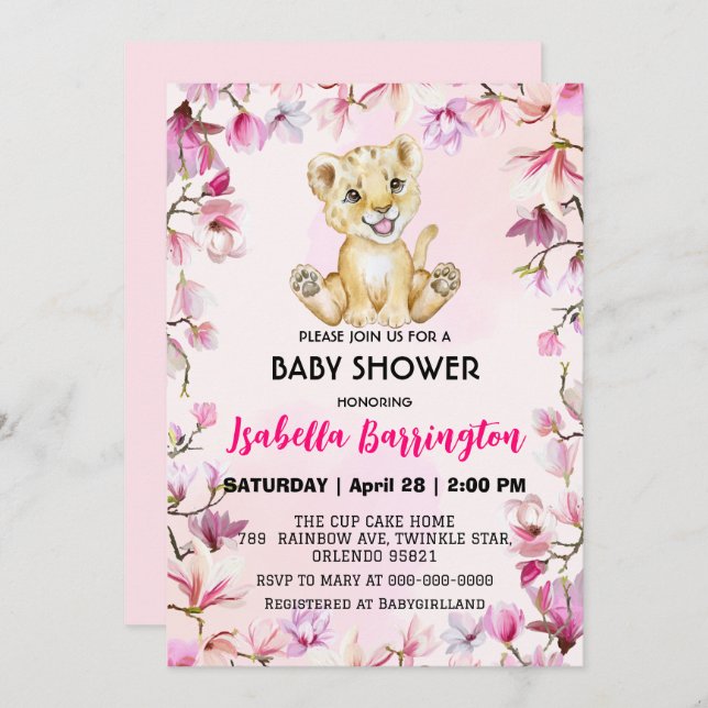 Pink Niedlich Lion cub Wild Blume Baby Dusche Kind Einladung (Vorne/Hinten)