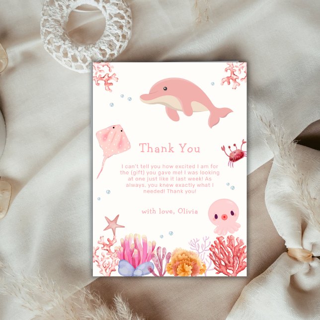 Pink Niedlich Ocean Dolphin Girl Babydusche Dankeskarte (Pink Cute Ocean Dolphin Girl Baby Shower Thank You Card)