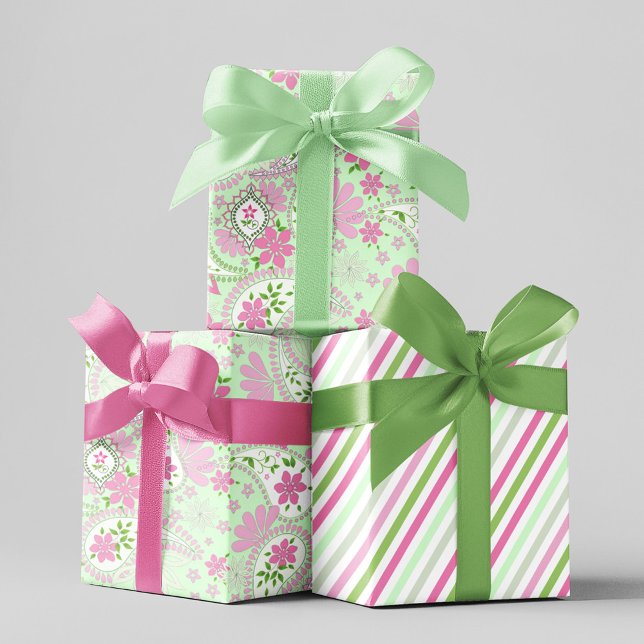 Pink Niedlich Paisley Druckmuster Geschenkpapier Set (Pink and lime green paisley print wrapping paper.)