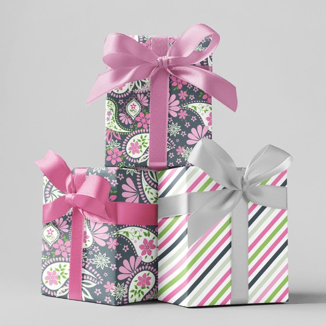 Pink Niedlich Paisley Print Modern Pattern Geschenkpapier Set (Cute grey paisley print wrapping paper set)