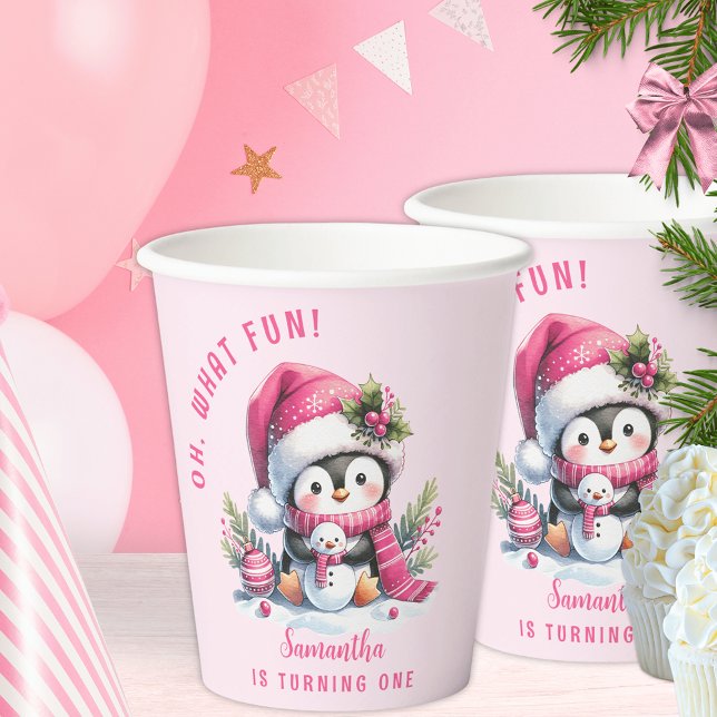 Pink Niedlich Pinguin Christmas Girl 1. Geburtstag Pappbecher (Von Creator hochgeladen)