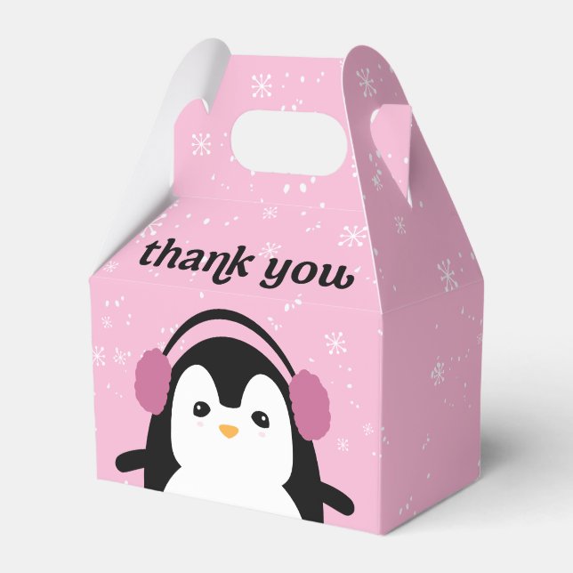Pink Niedlich Pinguin Winter Baby Dusche Danke Geschenkschachtel (Vorderseite)