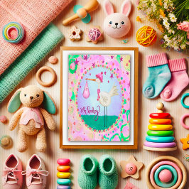 Pink Niedlich Stork Whimsical Oh Baby Girl Karte