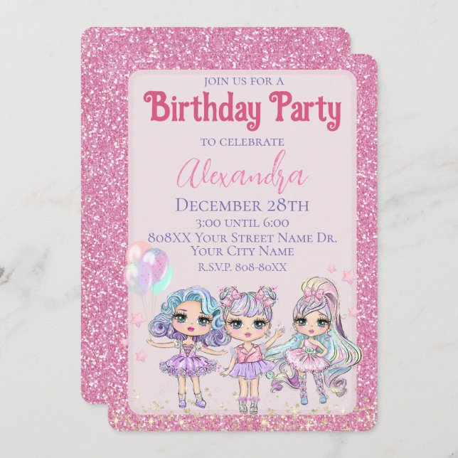 Pink Niedliche Glitzer Puppen Girl's Birthday Part Einladung (Vorne/Hinten)