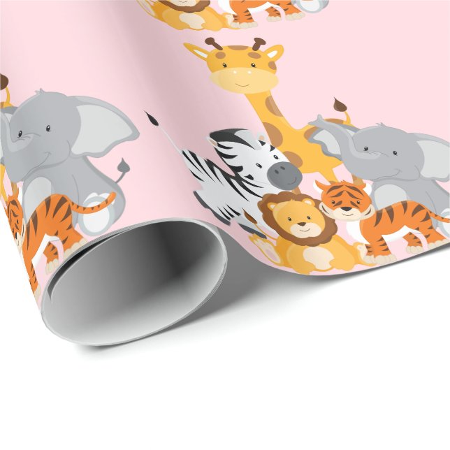 Pink Niedliche Jungle Baby Animal Wrapper Geschenkpapier (Rolleneckpunkt)