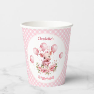 Pink Niedliche Piggy Farm Girl 1. Geburtstag Papie Pappbecher