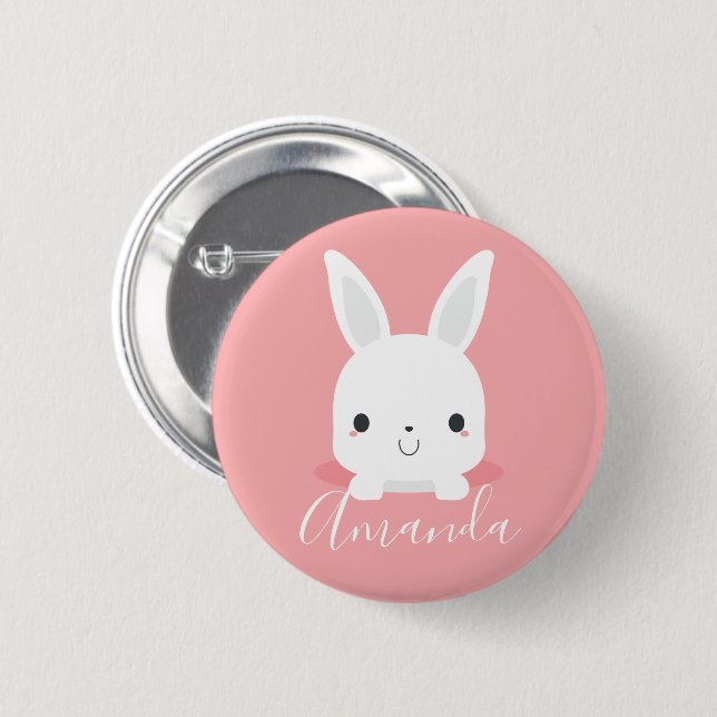 Pink Niedliches Kaninchen mit Individuelle Name Button (Vorne & Hinten)