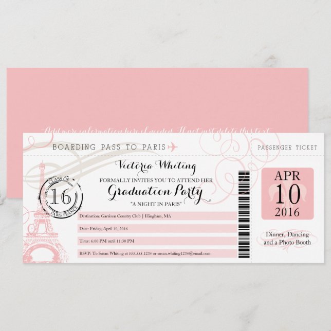 Pink Night in Paris Graduation Party Boarding Pass Einladung (Vorne/Hinten)
