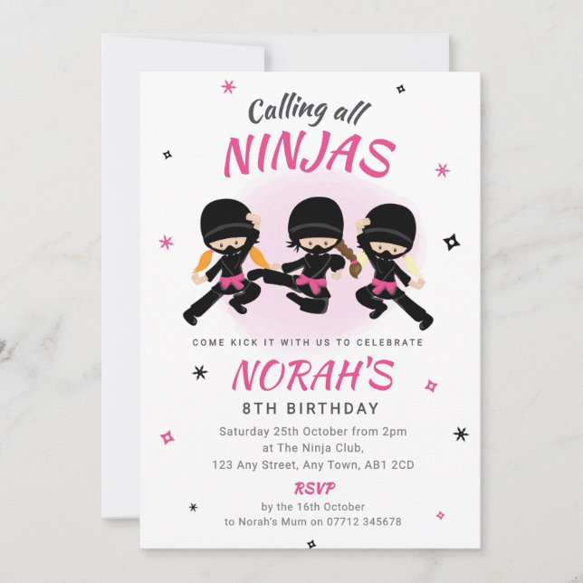 Pink Ninja Birthday Invitation Girls Karate Party Einladung (Vorderseite)
