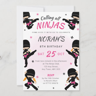 Pink Ninja Birthday Invite - Girls Karate Party Einladung