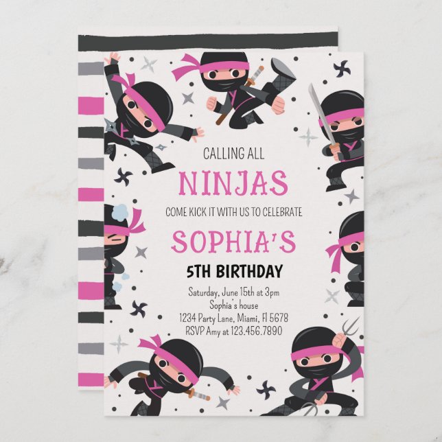 Pink Ninja Krieger Kampfkünste Geburtstag Einladung (Vorne/Hinten)