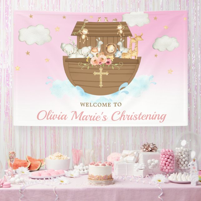 Pink Noahs arche Christening Taufe Hintergrund Banner (Party)
