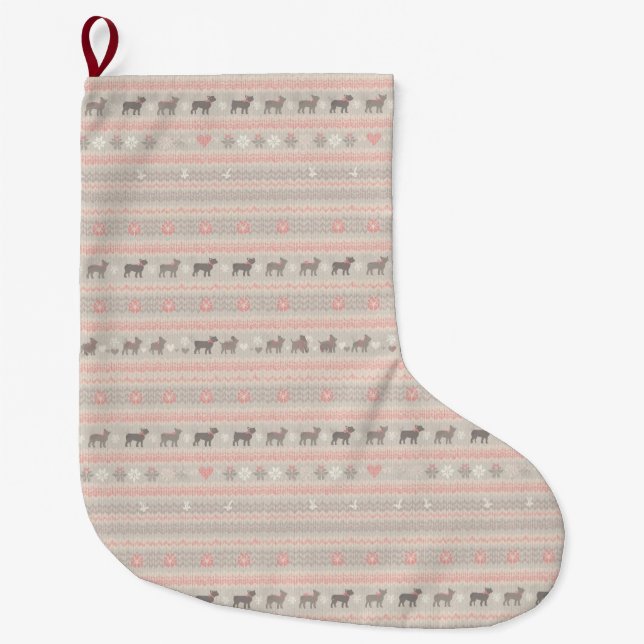 Pink Nordic Knit Dog Christmas Stocking with Paws Großer Weihnachtsstrumpf (Vorderseite)