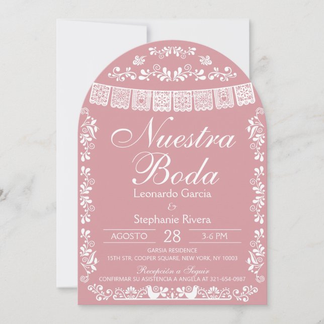 Pink Nuestra Boda Papel Picado Spanish Wedding Einladung (Vorderseite)