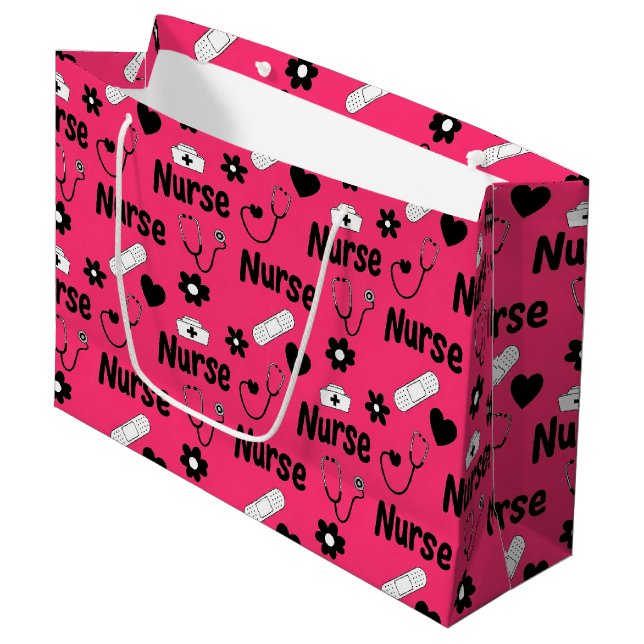 Pink Nurse Life Seamless Pattern (2) Große Geschenktüte (Vorderseite Schrägansicht)