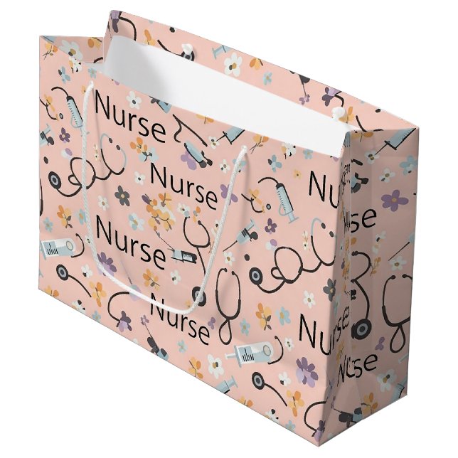 Pink Nurse Life Seamless Pattern (3) Große Geschenktüte (Vorderseite Schrägansicht)
