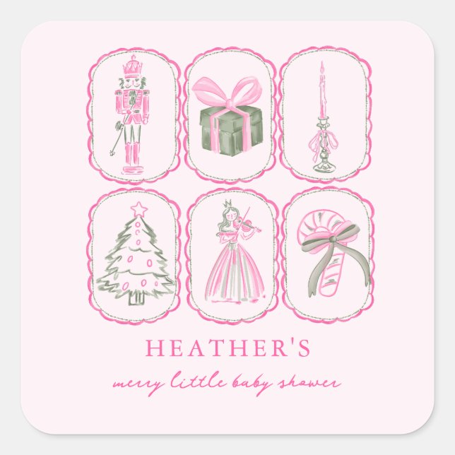 Pink Nutcracker A Merry Little Baby Shower Quadratischer Aufkleber (Vorderseite)