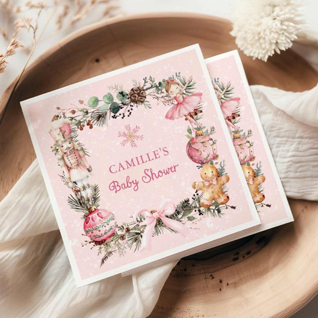 Pink Nutcracker Girl Babyduschpapier Serviette (Pink Christmas Nutcracker Baby shower paper napkins)