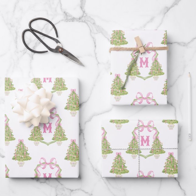 Pink Nutcracker Weihnachtsbaum Monogram Wappen Geschenkpapier Set (Vorderseite)