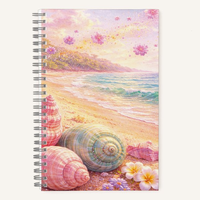 Pink Ocean Beach Shells Flowers Fantasy Landscape Notizbuch (Vorderseite)