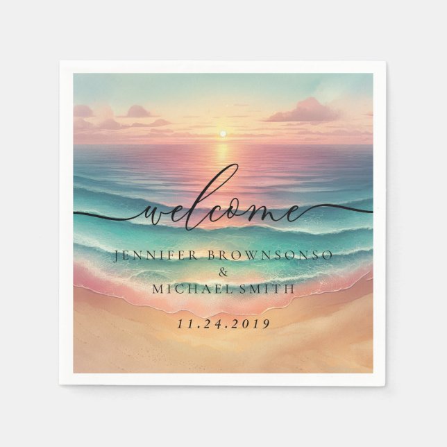 Pink Ocean Beach Signature sunset Welcome Wedding Serviette (Vorderseite)