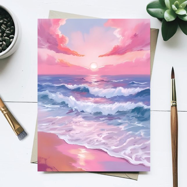 Pink Ocean Shore Beach Malerei Postkarte (Von Creator hochgeladen)