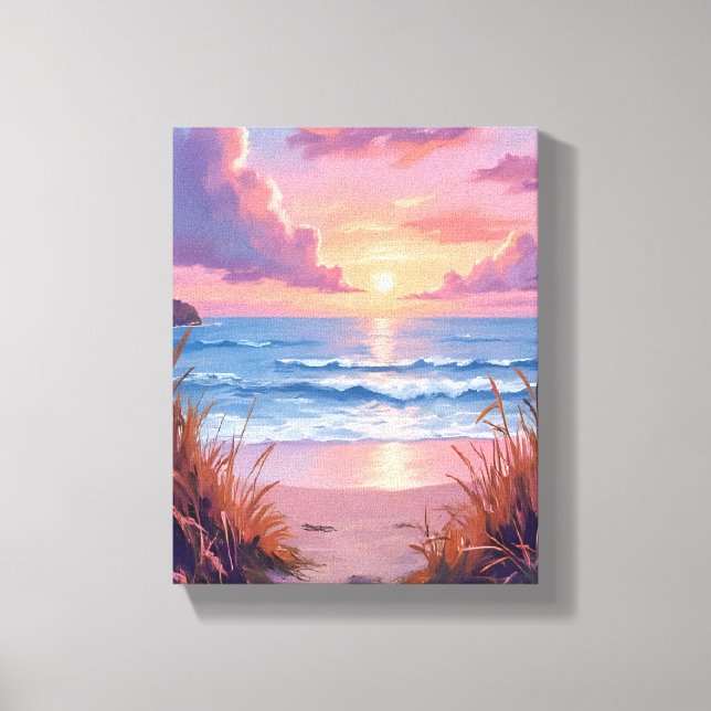 Pink Ocean Sunset Beach Watercolor Painting Leinwanddruck (Vorderseite)