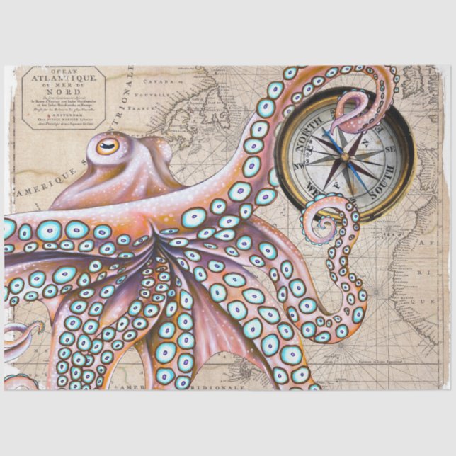 Pink Octopus Kraken Vintag Map Compass Seidenpapier (Vorderseite)