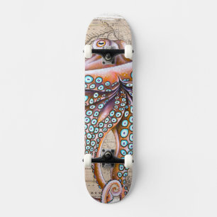 Pink Octopus Vintag Map Kraken Nautic Skateboard