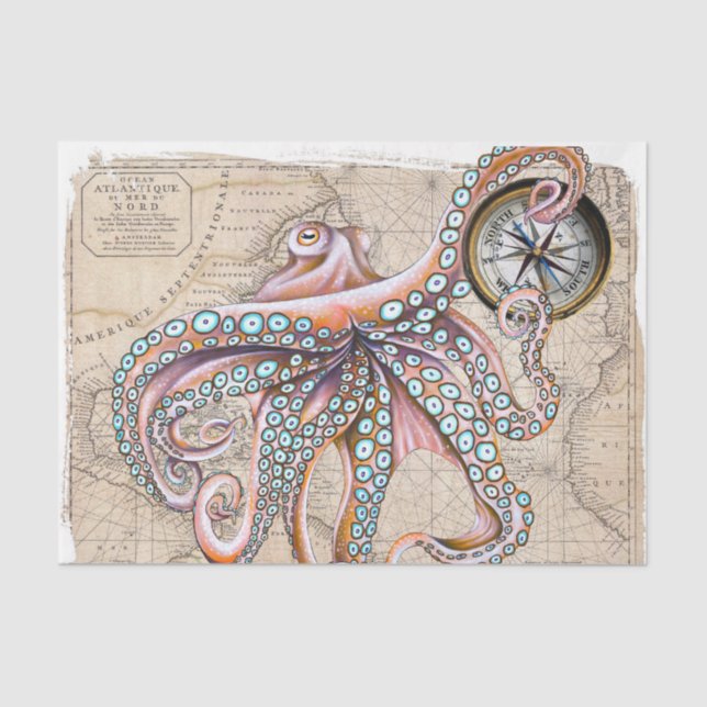 Pink Octopus Vintage Karte Compass Beach Seidenpapier (Vorderseite)