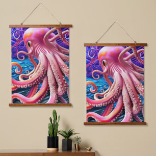 Pink Octopus Wandteppich Mit Holzrahmen